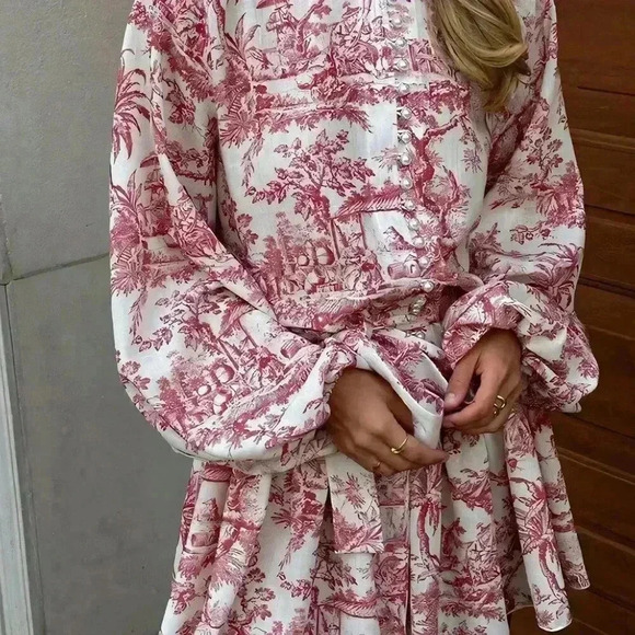 Red Boho Women's Elegant Random Print Long Sleeve Tie-Waist Loose Fit Midi Dress - Picture 3 of 7